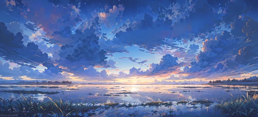 Anime thiên nhiên bầu trời hòa quyện núi non thơ mộng