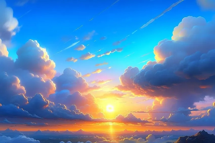 Wallpaper anime thiên nhiên sunrise đẹp như chốn thần tiên