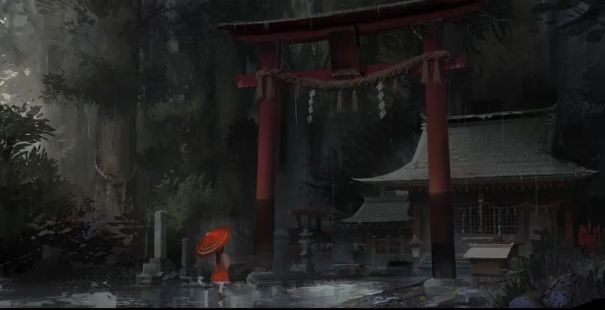 Anime cổ trang phong cảnh mưa nhẹ nhàng đầy tâm trạng