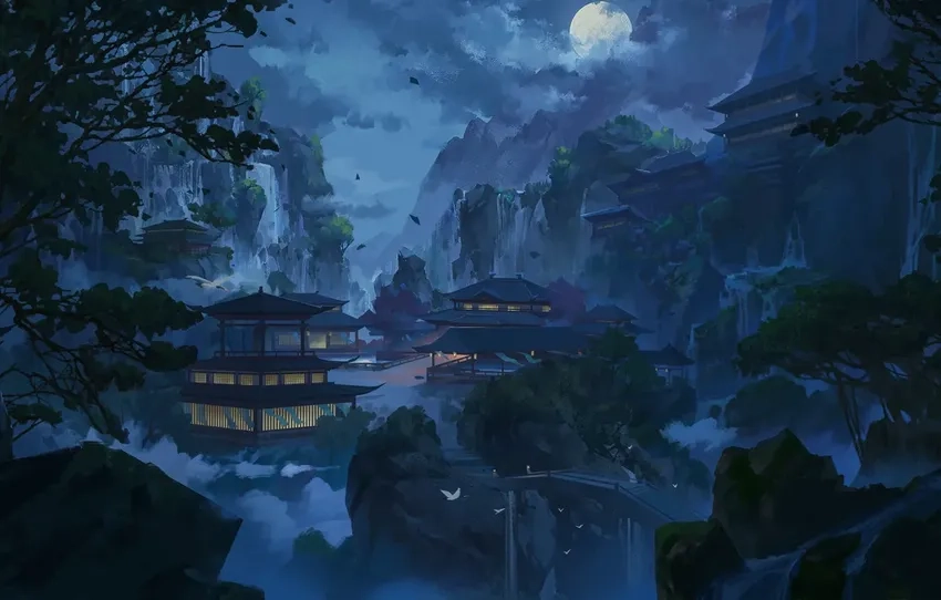 Anime cổ trang cảnh đêm huyền ảo và thơ mộng