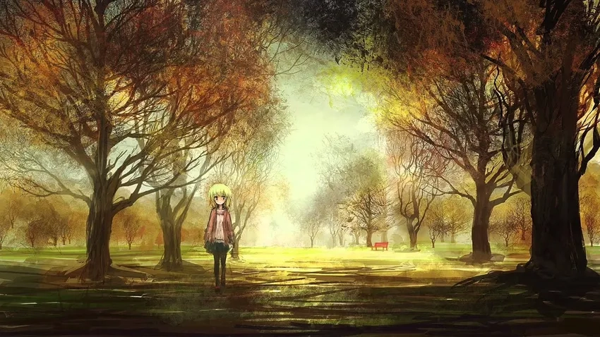 Wallpaper anime mùa thu lá vàng trên phố Kyoto đẹp