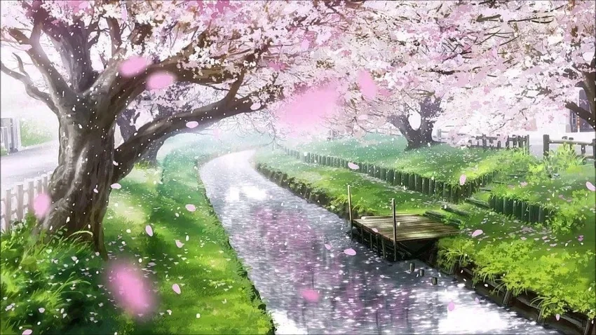 Hình nền anime phong cảnh mùa xuân đầy màu sắc