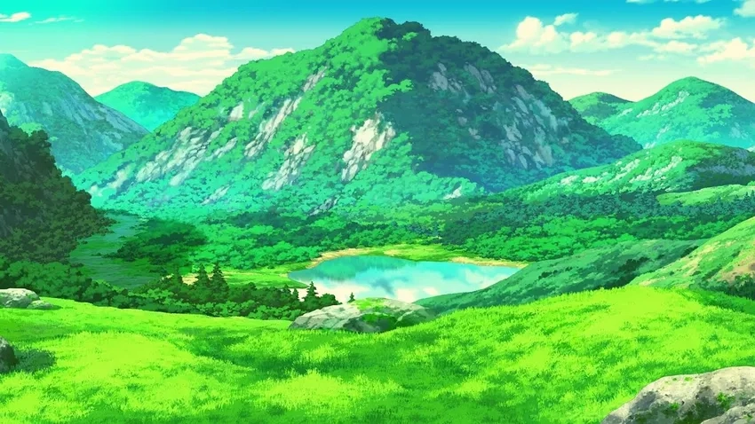 Anime phong cảnh bình minh núi rừng tĩnh lặng và đầy cảm hứng