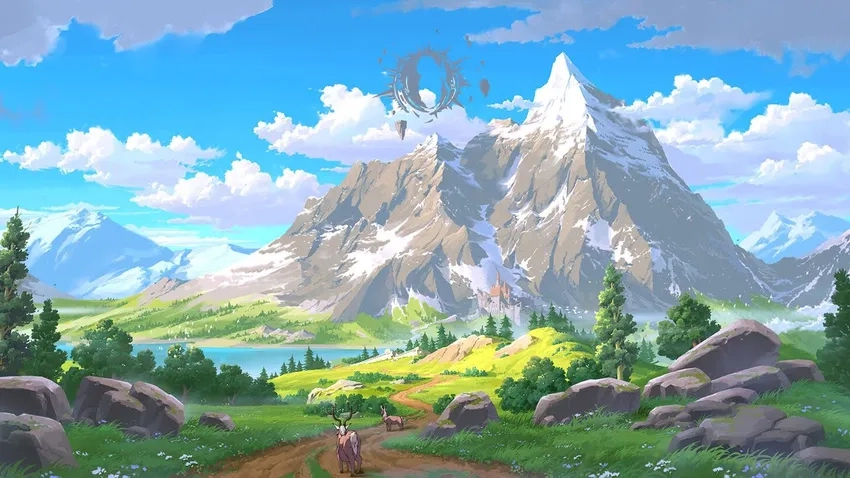 Background anime thung lũng núi rừng hùng vĩ và yên bình