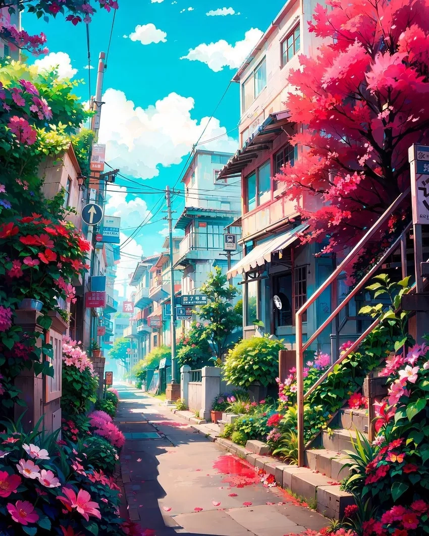 Hình nền anime thành phố sống động cho máy tính và điện thoại