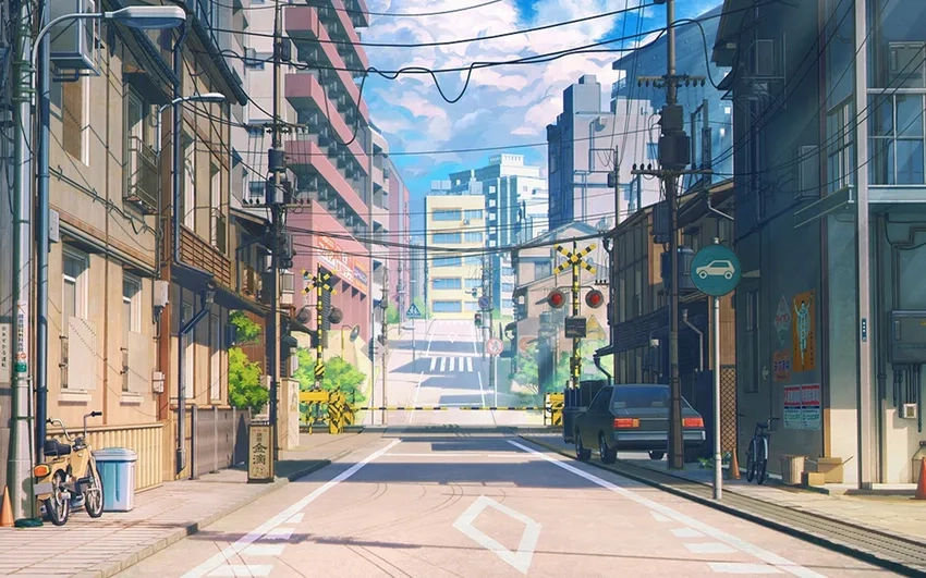 Anime cityscape hiện đại với tông màu neon nổi bật