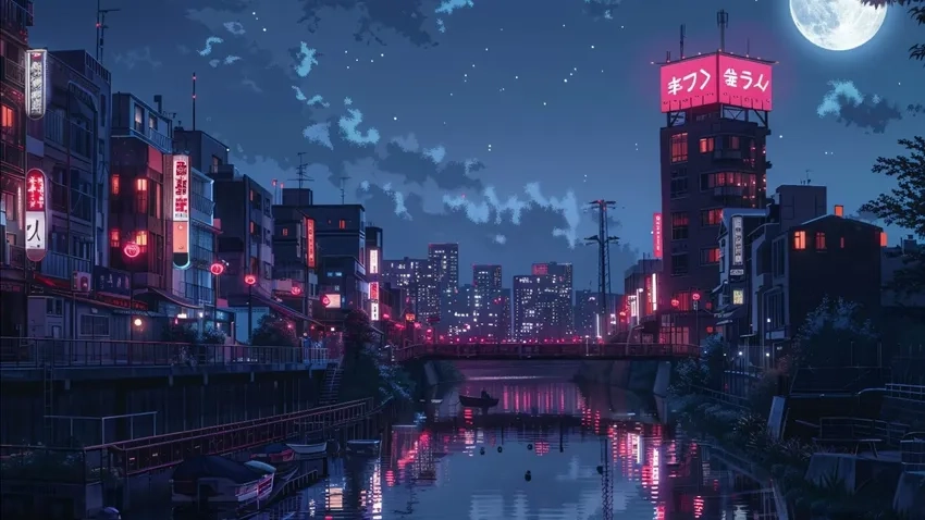 Anime thành phố ánh đèn huyền ảo khắp đường phố