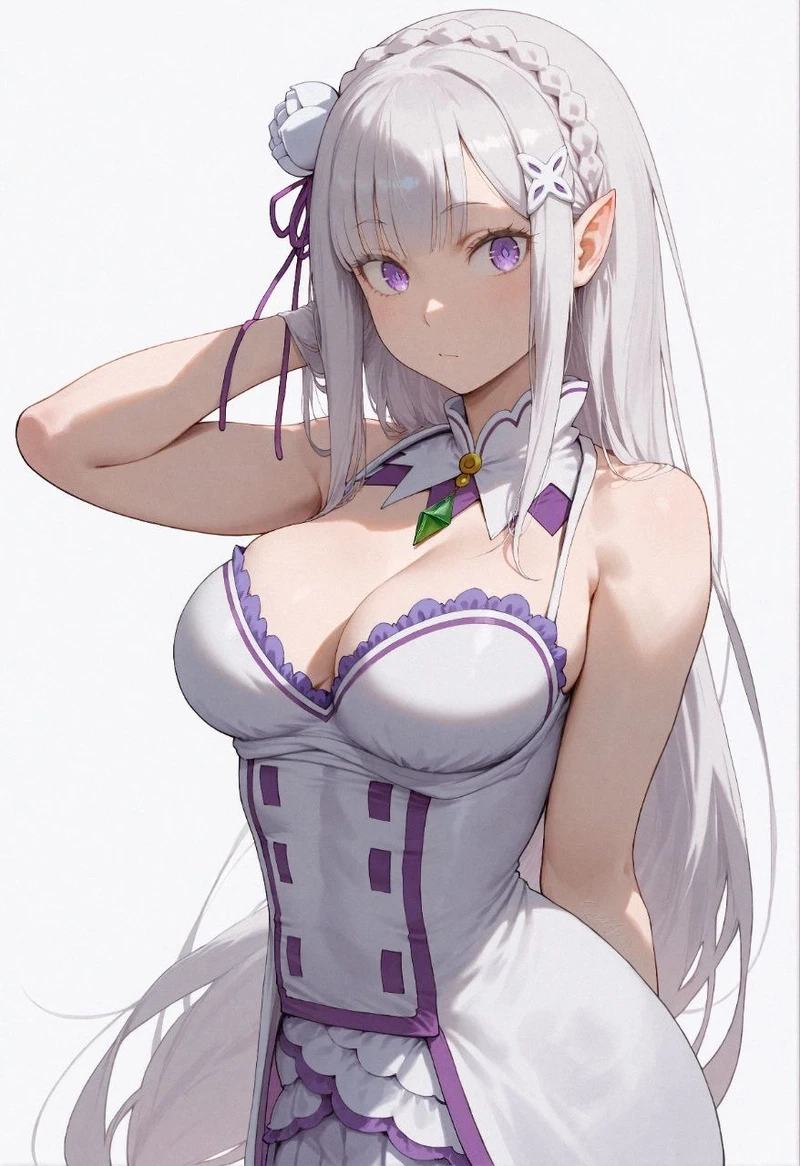 Emilia anime với mái tóc bạc và ánh mắt tím dịu dàng đầy cuốn hút