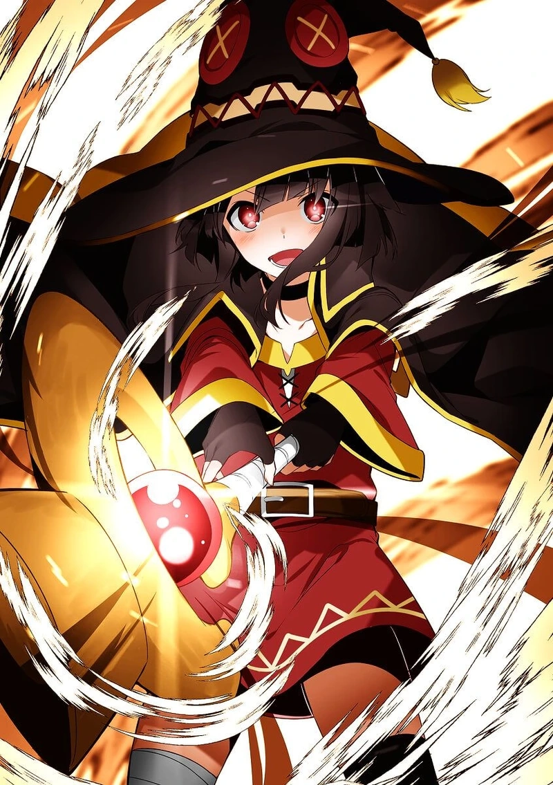 Megumin anime với chiếc gậy ma pháp và biểu cảm đáng yêu