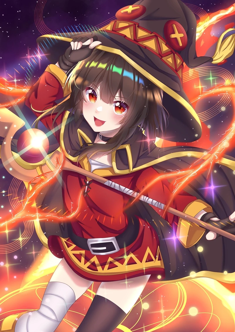Anime Megumin trong trang phục phù thủy đỏ vàng đặc trưng