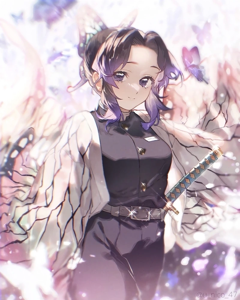 Shinobu Kocho chibi dễ thương với biểu cảm tinh nghịch và đôi mắt to tròn