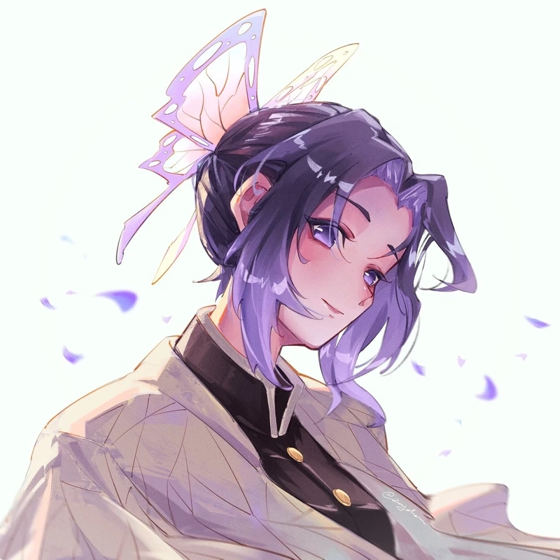 Shinobu Kochou chibi đáng yêu với áo haori cánh bướm và nụ cười tươi